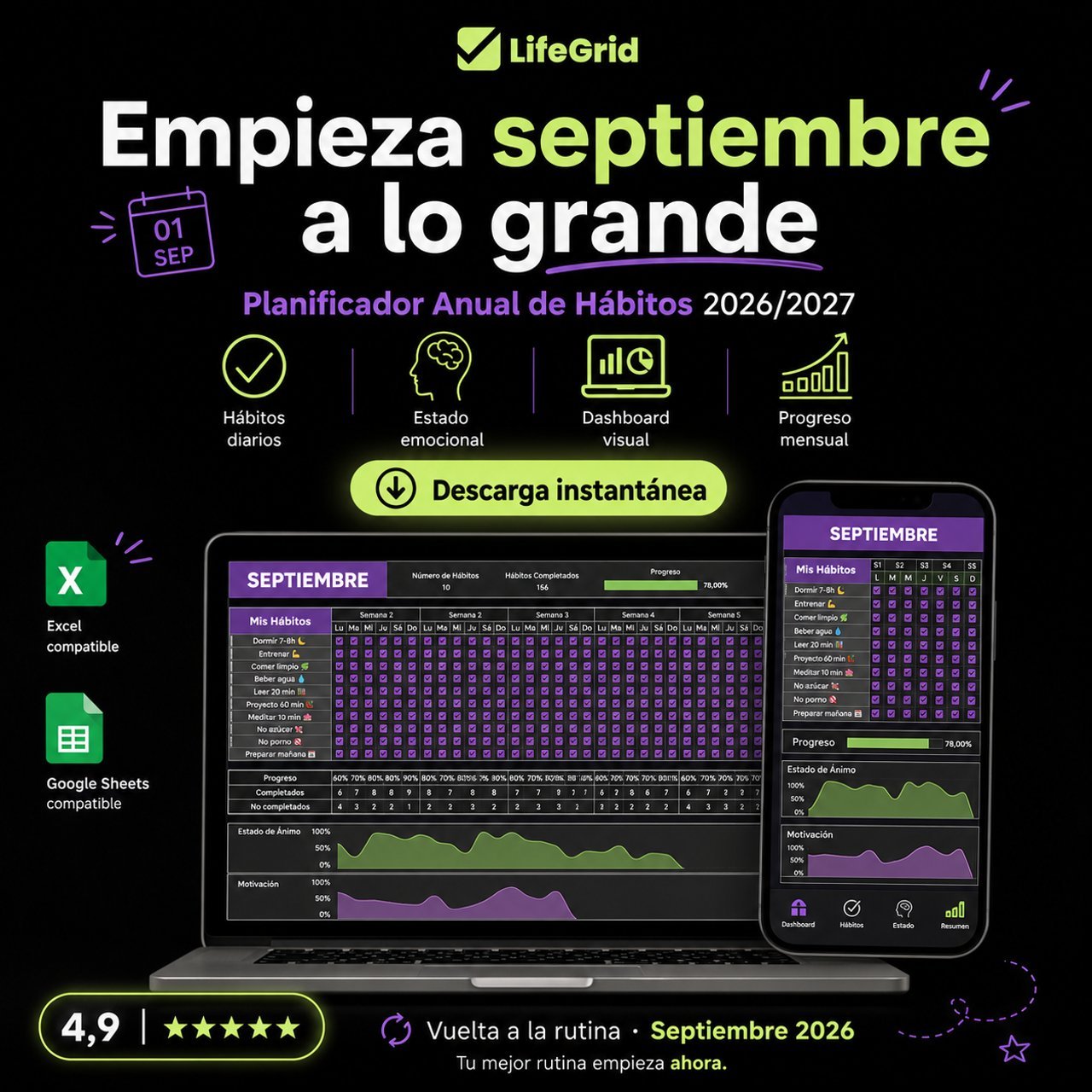 Planificador Anual de Hábitos LifeGrid mostrado en ordenador y móvil